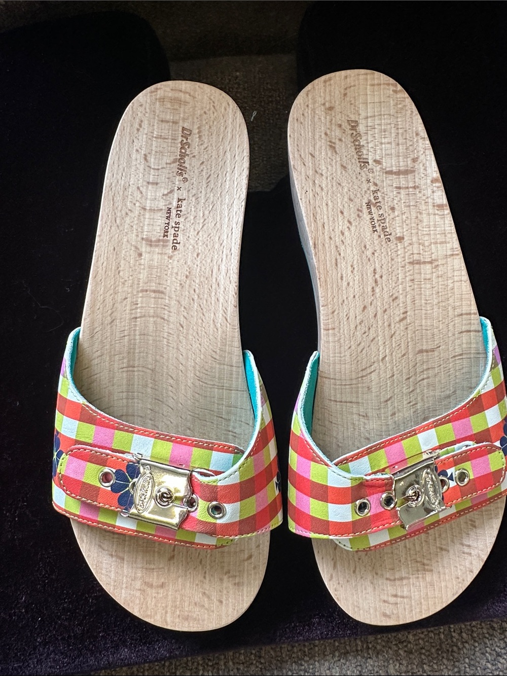kate spade X dr. Scholls Plaid Slide Sandals with Gold Accent